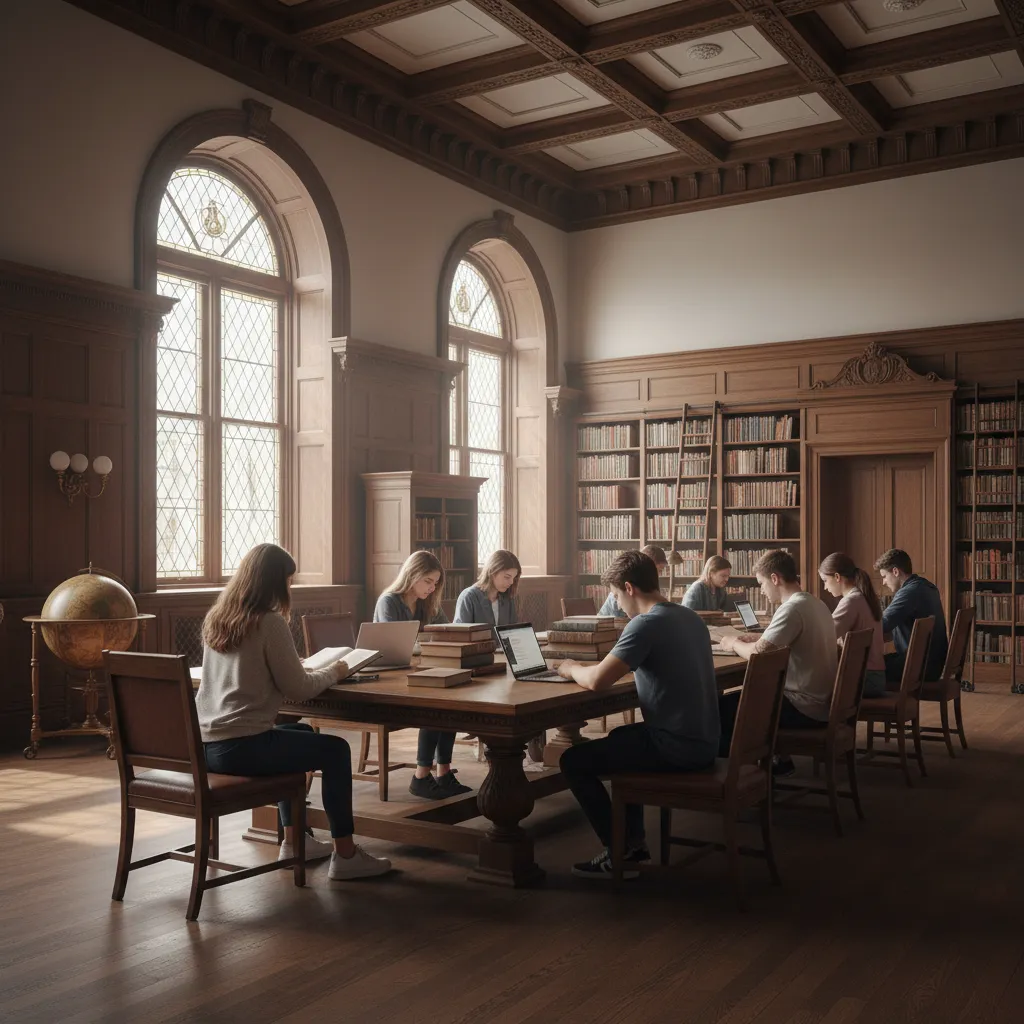 Quiet study room inside a historic Carnegie library with wooden tables and natural light