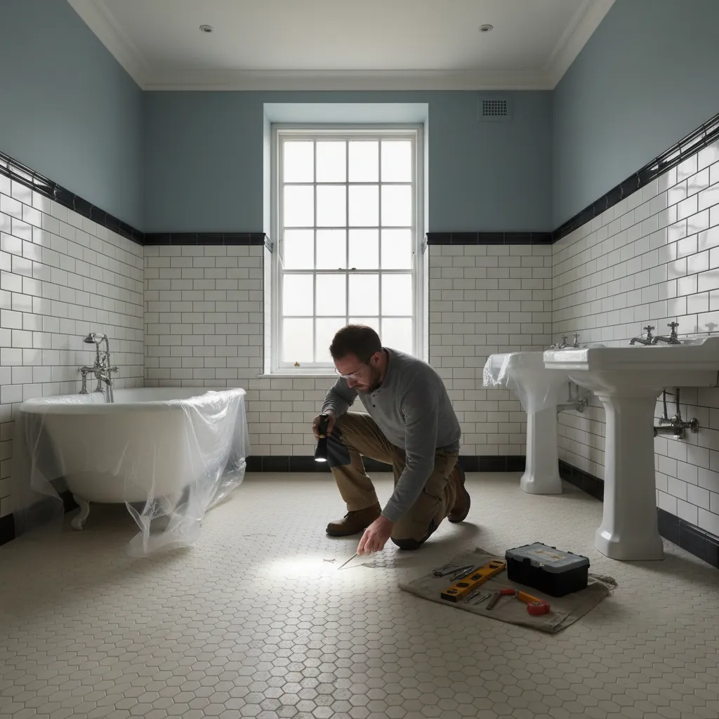 Professional inspecting vintage hex tile floor during restoration assessment