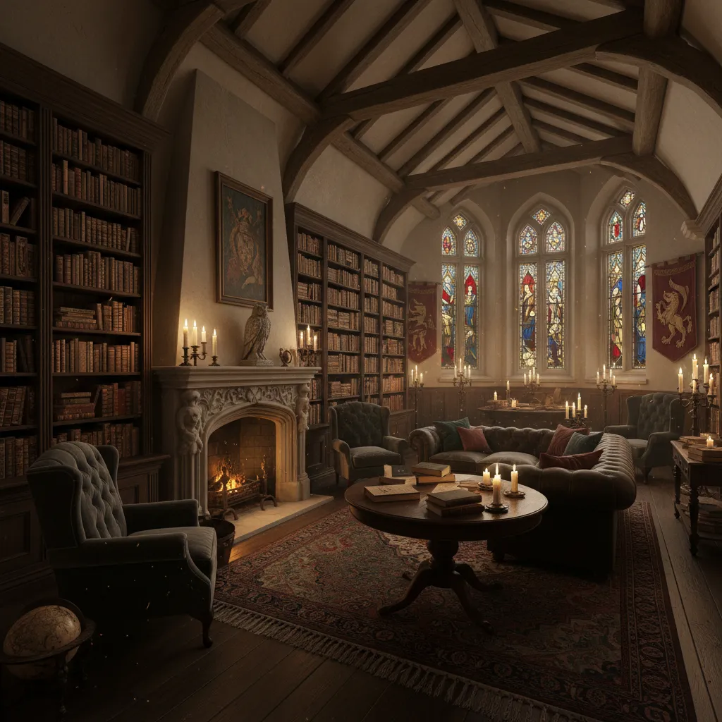 Salón con biblioteca grande y muebles de madera oscura estilo Hogwarts