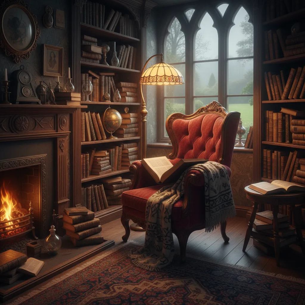 Rincón de lectura con sillón vintage y luz cálida