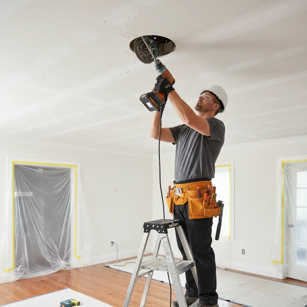 Electrician cutting recessed light hole in drywall ceiling with hole saw