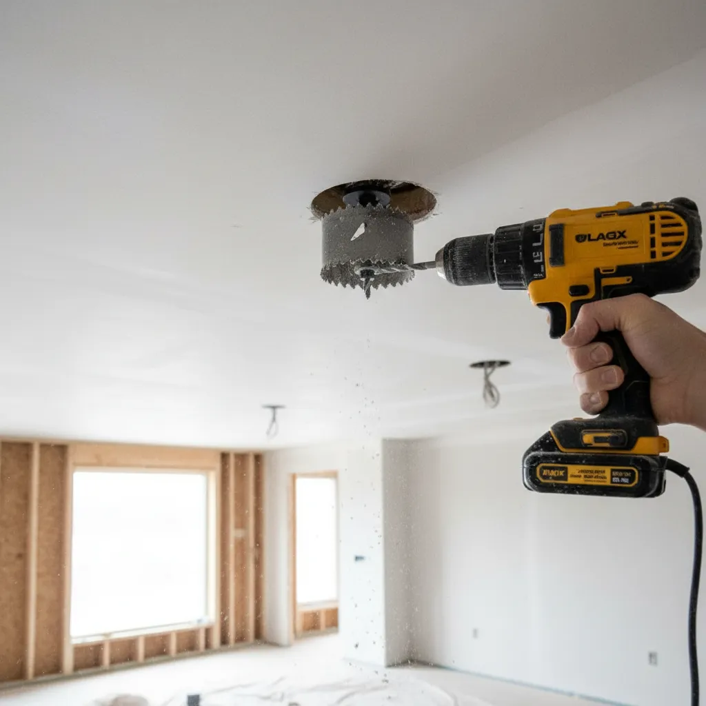 Hole saw cutting a circular opening in drywall ceiling for recessed lighting