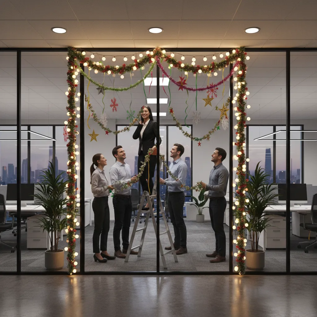 Team collaborating on Christmas door decoration in office