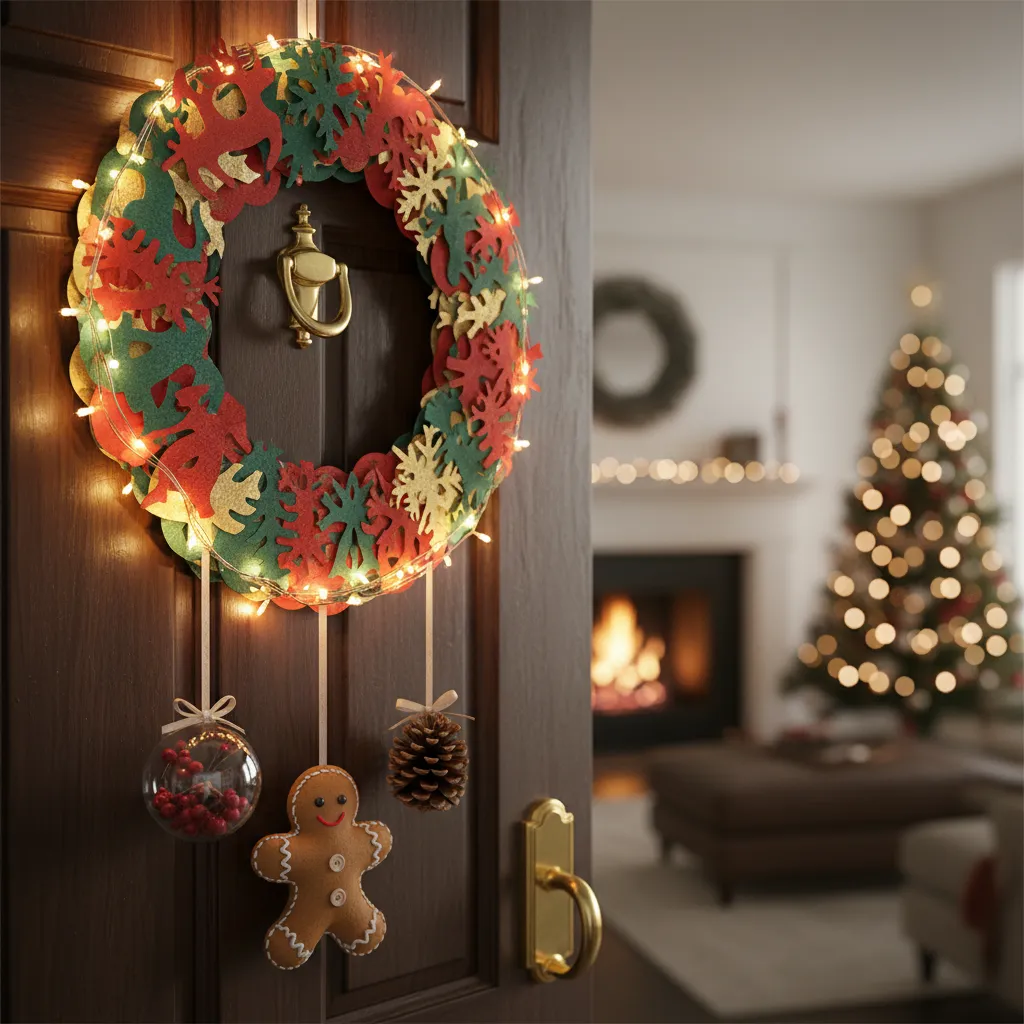 Close view of handmade Christmas door decoration details