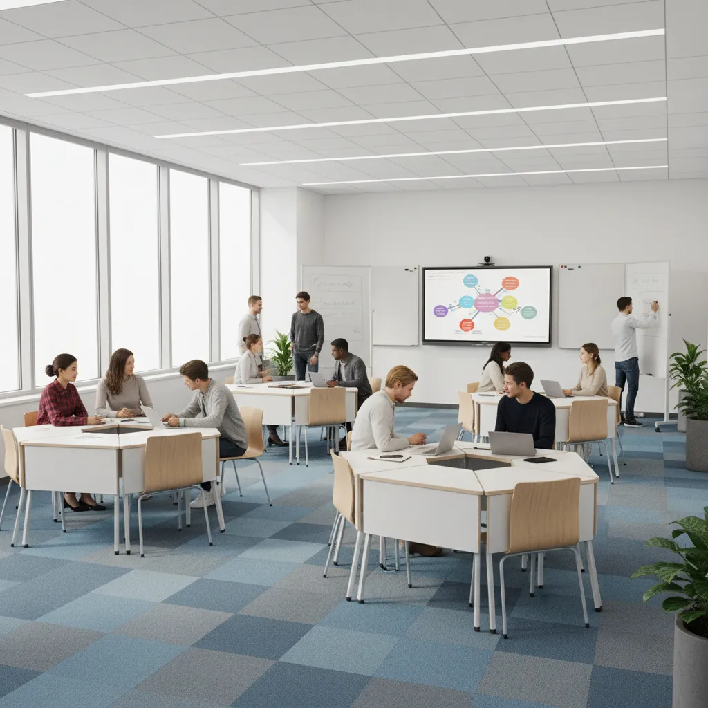 Students collaborating in a flexible classroom designed for holistic education