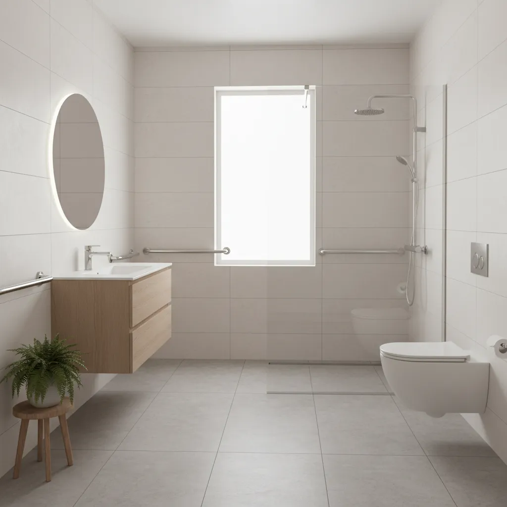 Bathroom accessibility renovation with walk-in shower and grab bars funded by housing grants