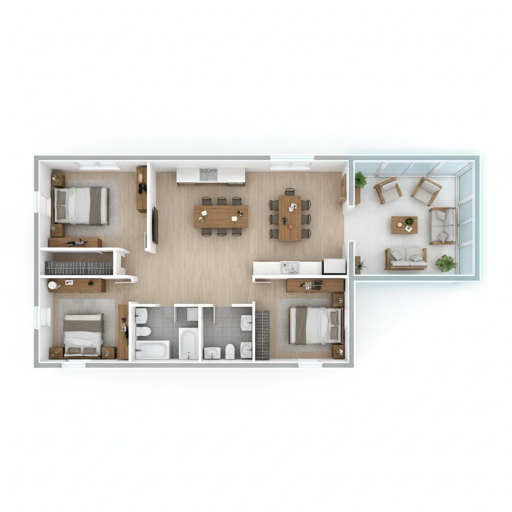3D house floor plan showing a digital home addition layout