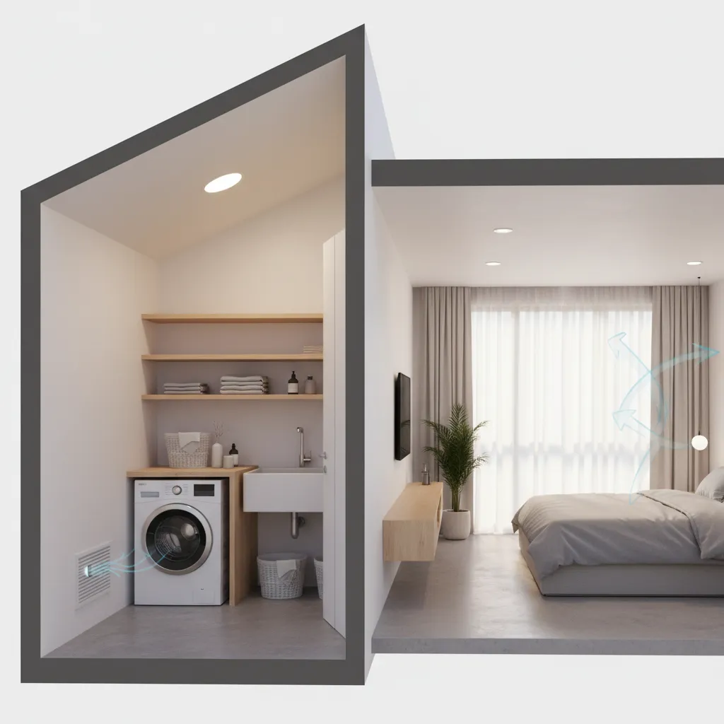 House interior diagram style rendering showing airflow moving from laundry room to hallway