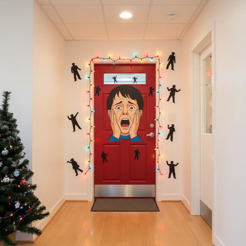 Office door decorated with Home Alone Kevin scream face Christmas theme