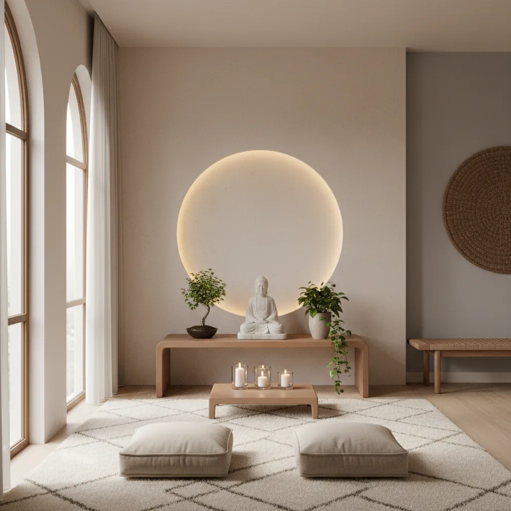Peaceful home interior showing altar integrated into meditation space