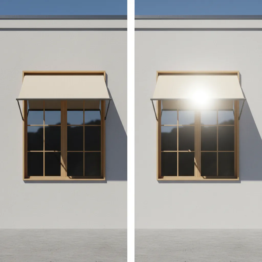 comparison view of window with and without awning shade in sunlight