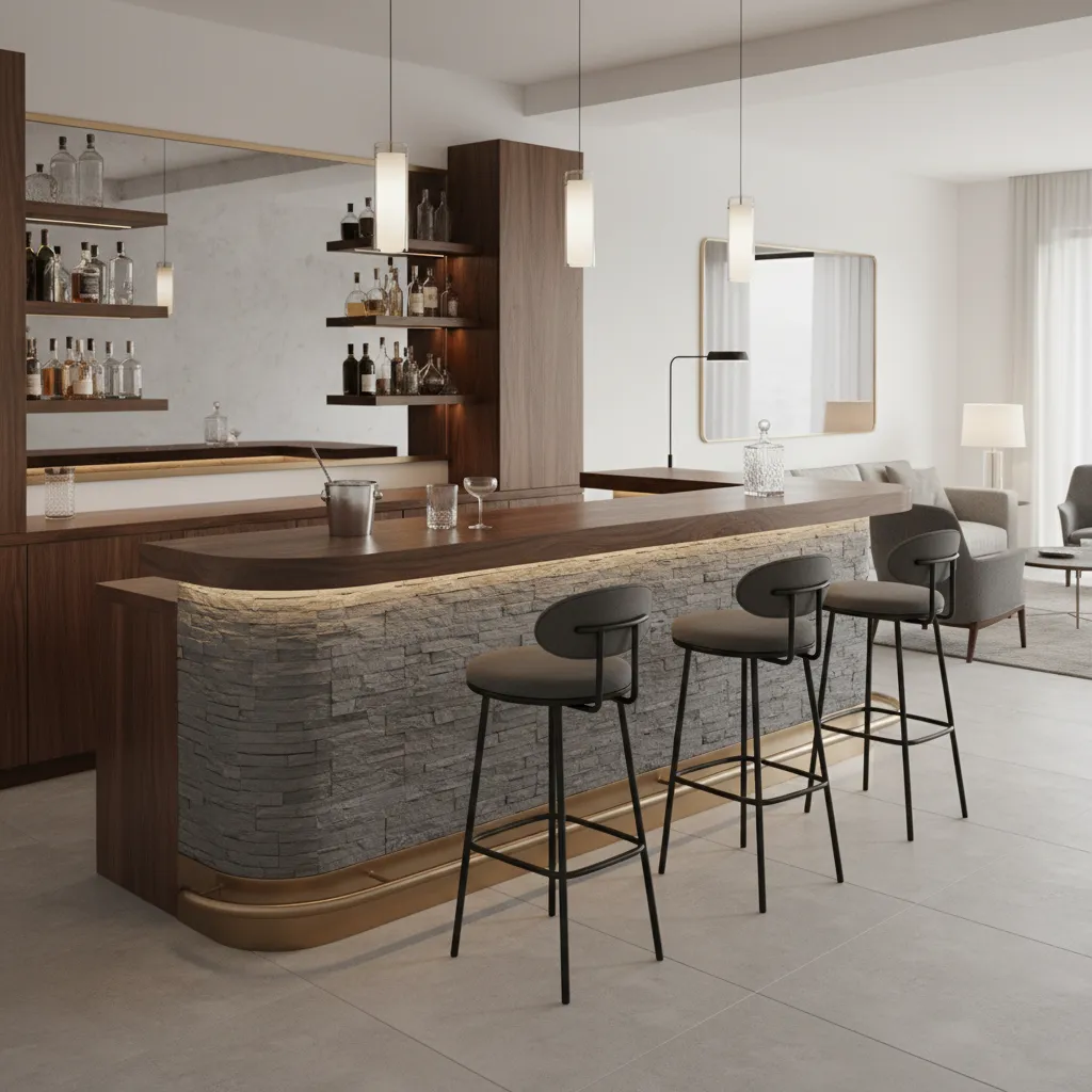 Barra de bar doméstica con taburetes y proporciones correctas