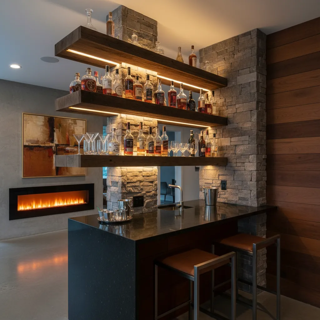Estanterías decorativas con iluminación en un bar doméstico