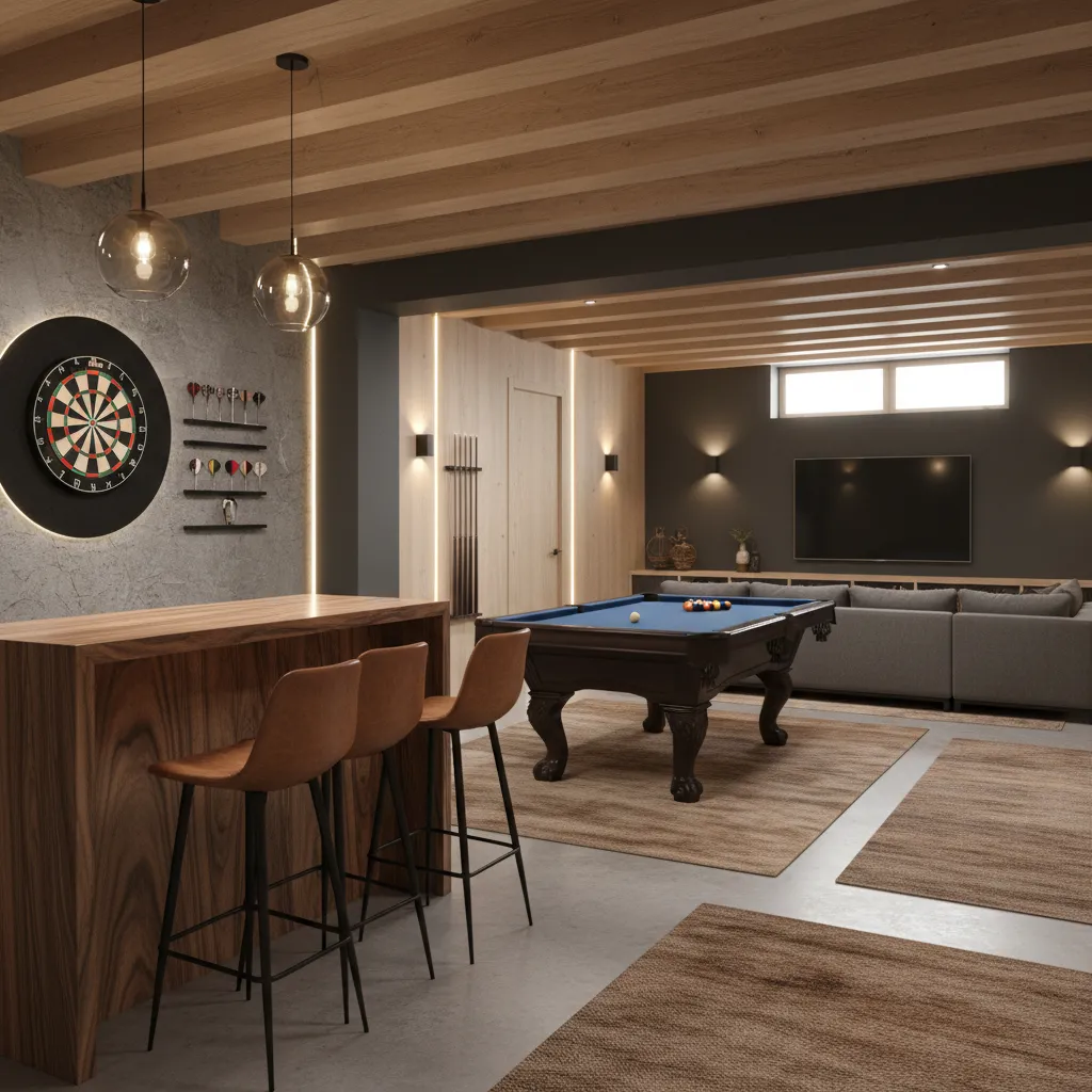 Modern home bar game room with stools, dartboard and pool table