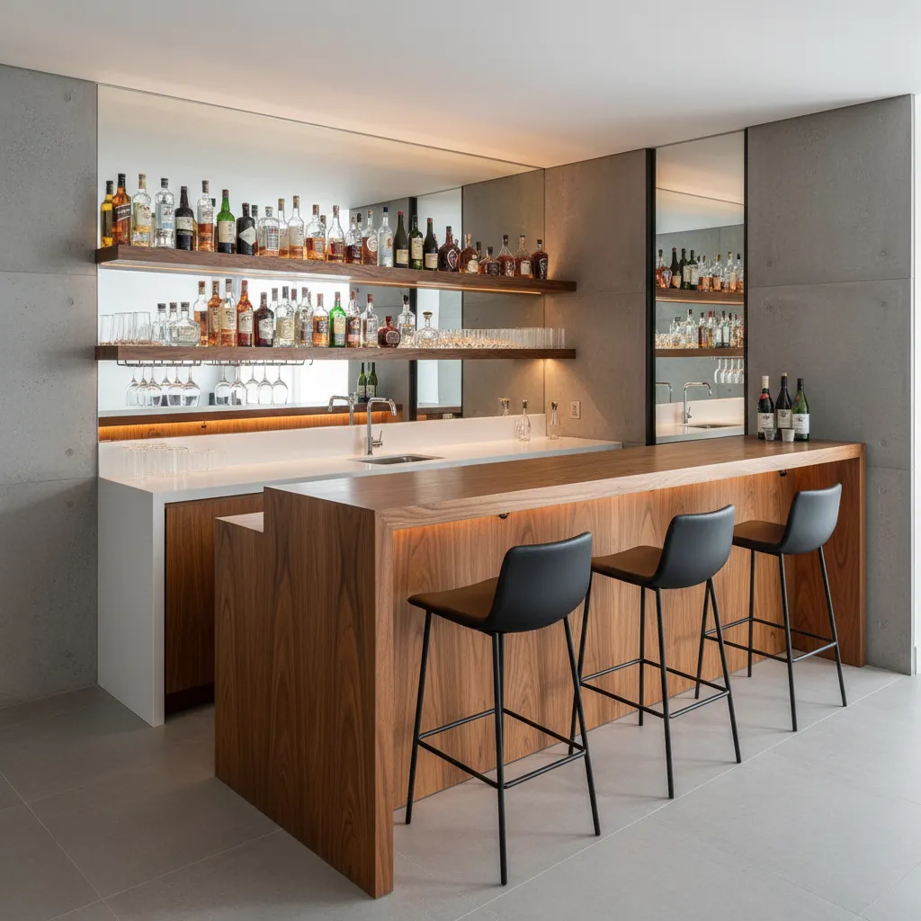 Diseño de barra de bar en casa con taburetes y zona de preparación