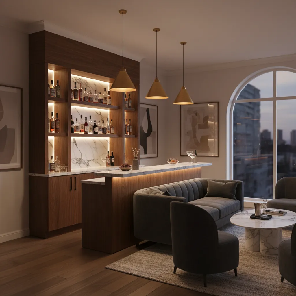 Bar doméstico con iluminación ambiental cálida