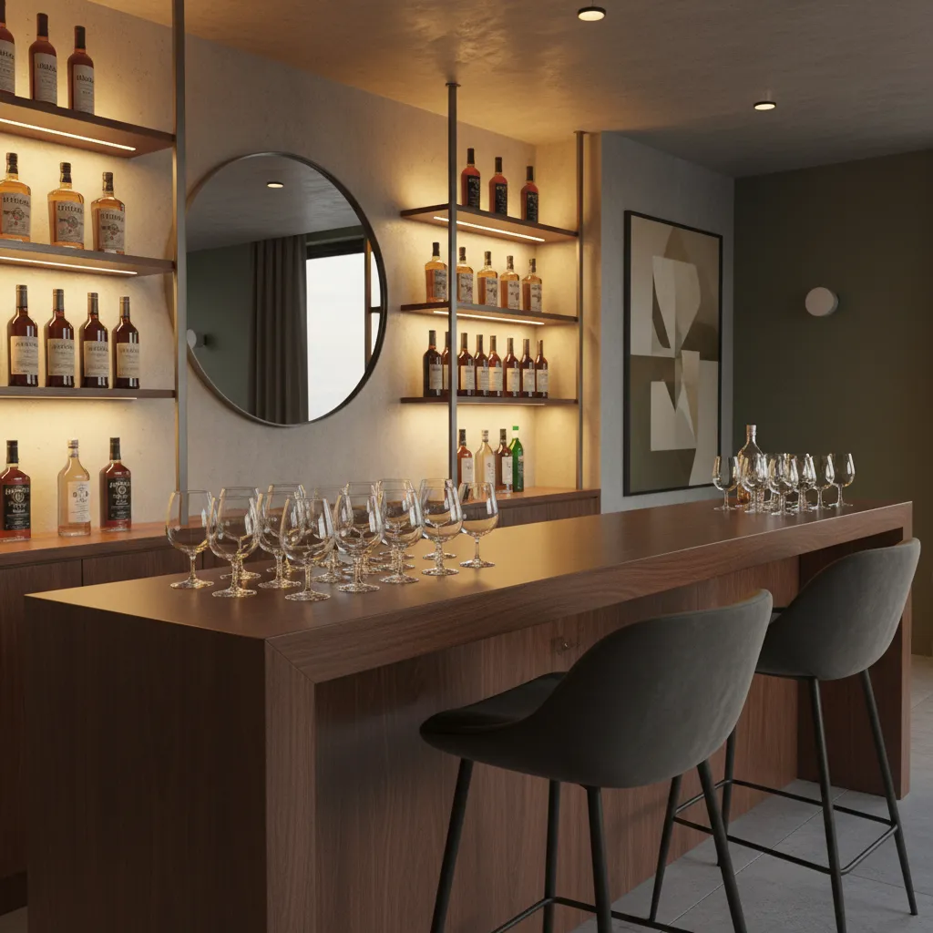 Stylish home bar setup with brandy glasses ready for guests