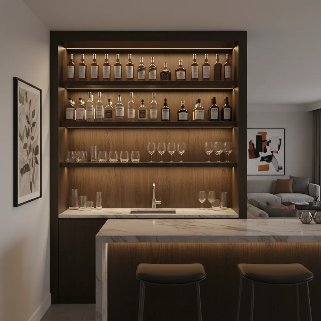 Estanterías de bar con botellas y copas organizadas