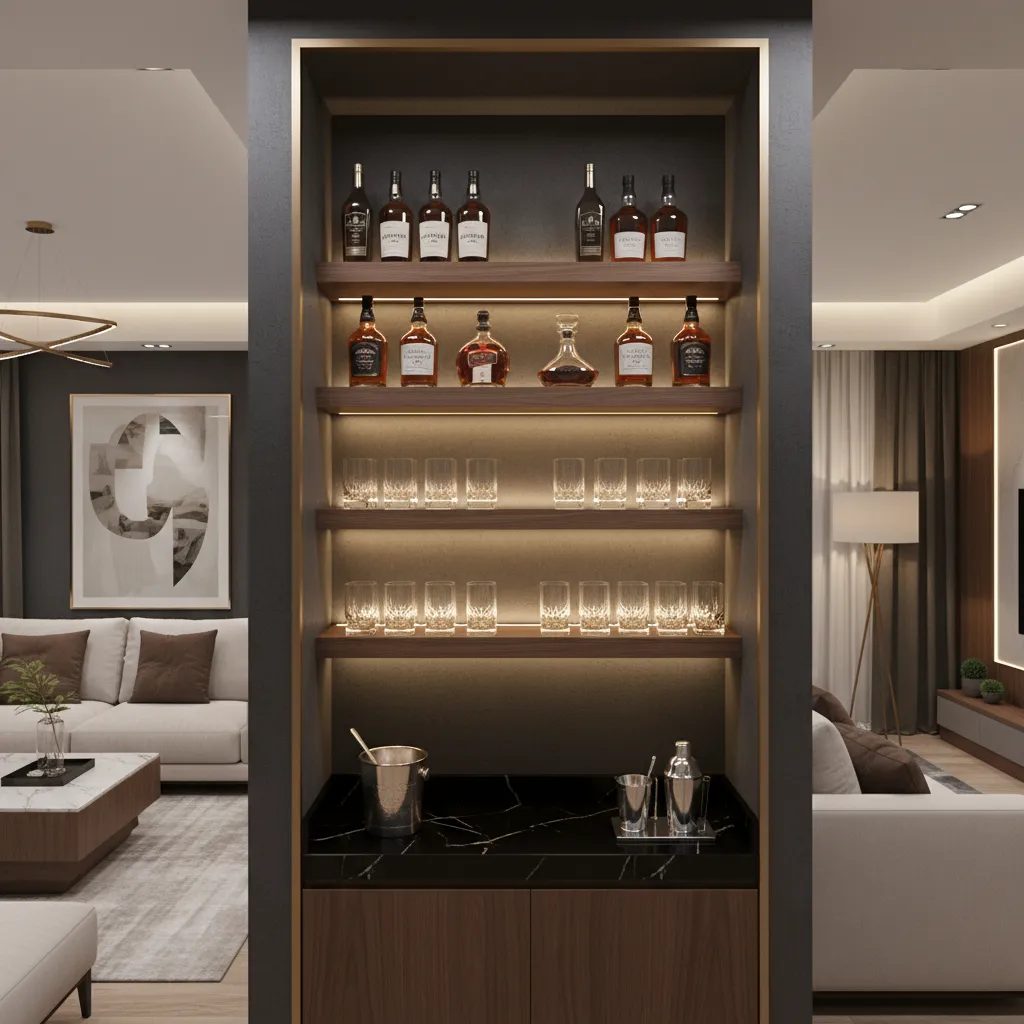 small home bar wall with LED shelf lighting highlighting bottles