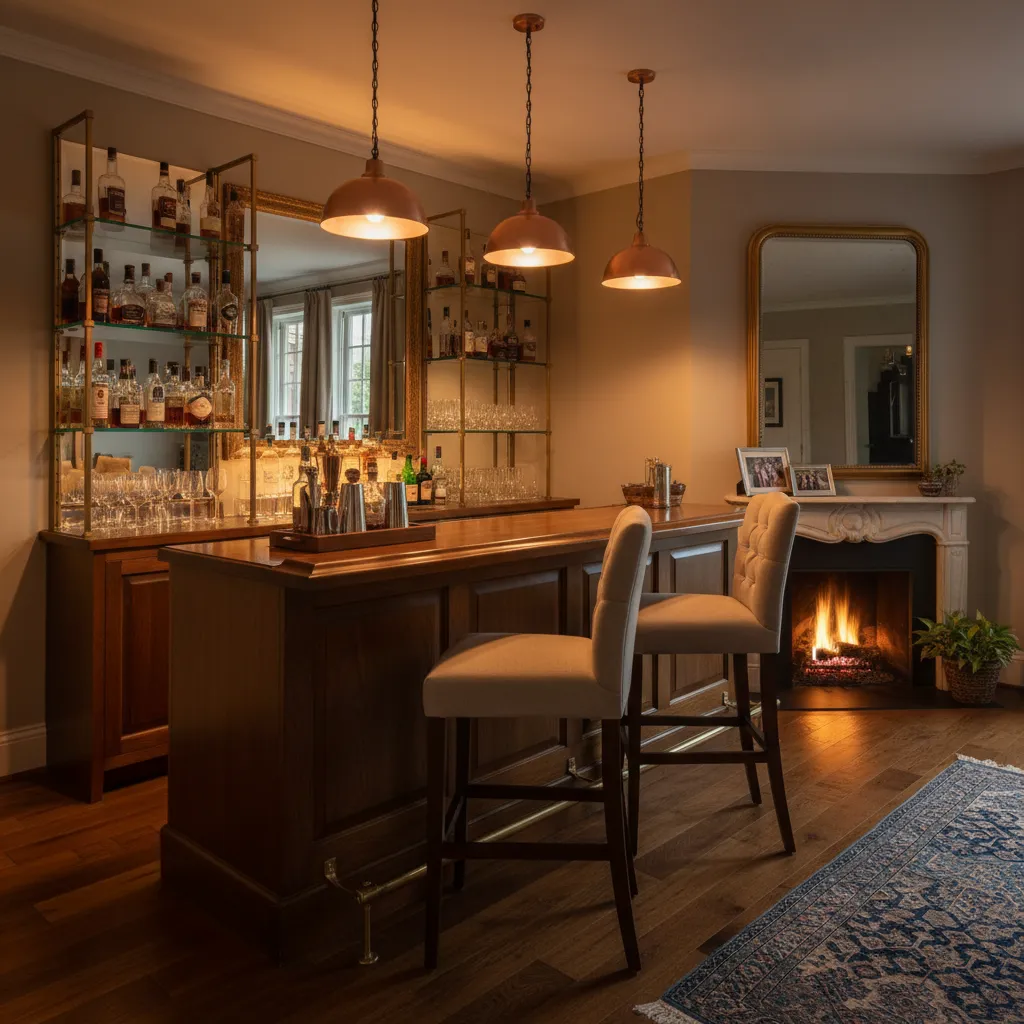 Bar en casa con iluminación cálida y lámparas colgantes
