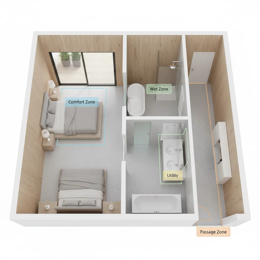 Home layout diagram highlighting inspection zones near bathroom and bedroom