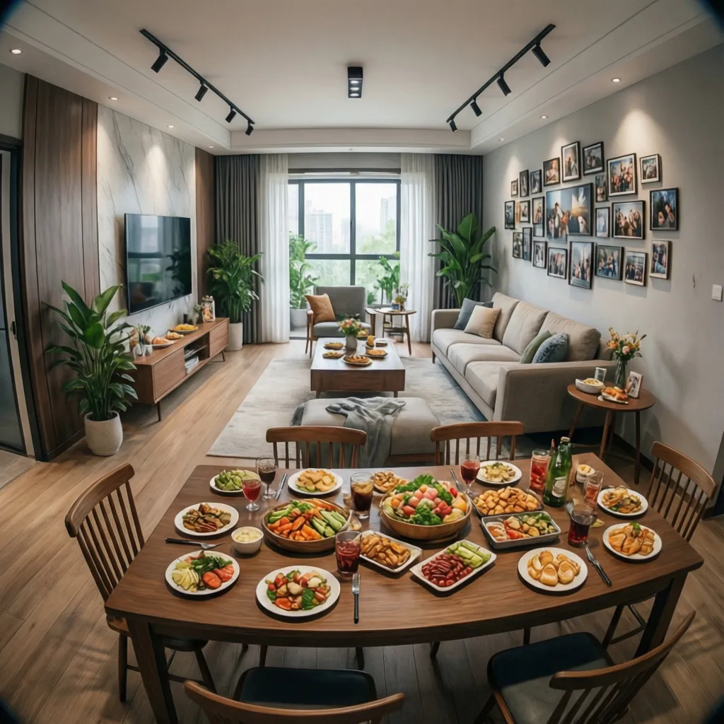 Open plan living and dining room with food on table, sofa, gallery wall, and plants