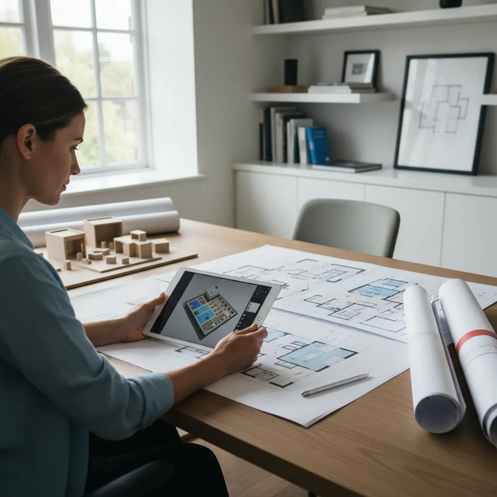 Designer reviewing a digital home blueprint layout on tablet and printed floor plan