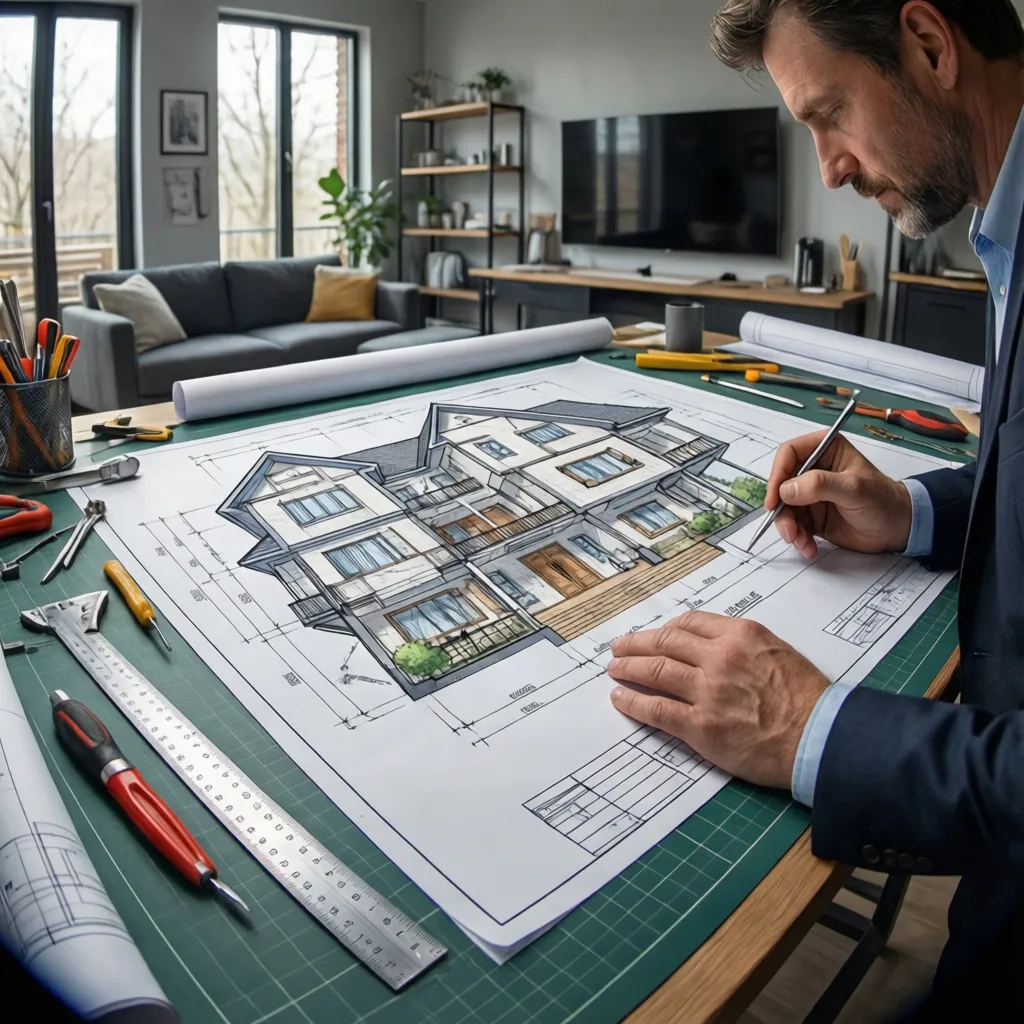 Architect reviewing house blueprint plans on large table