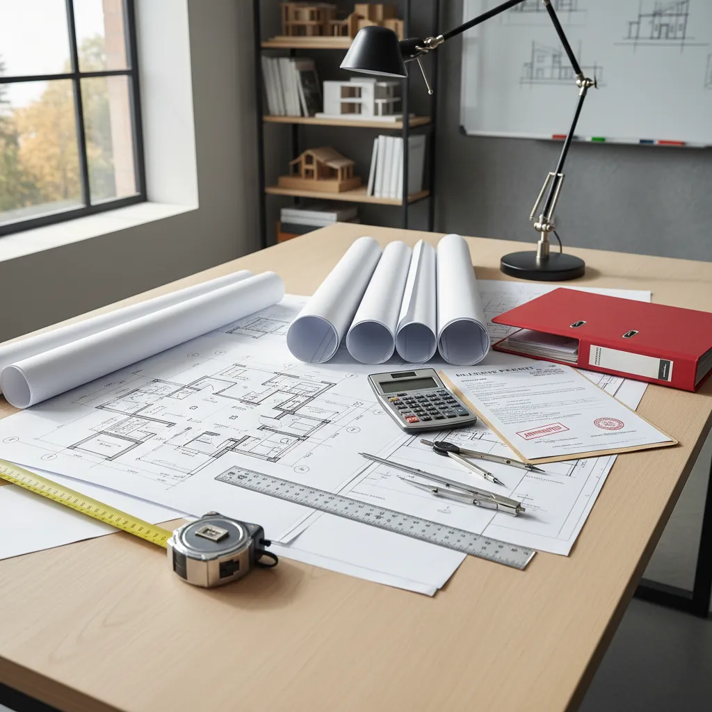 construction permits paperwork with house plans on desk
