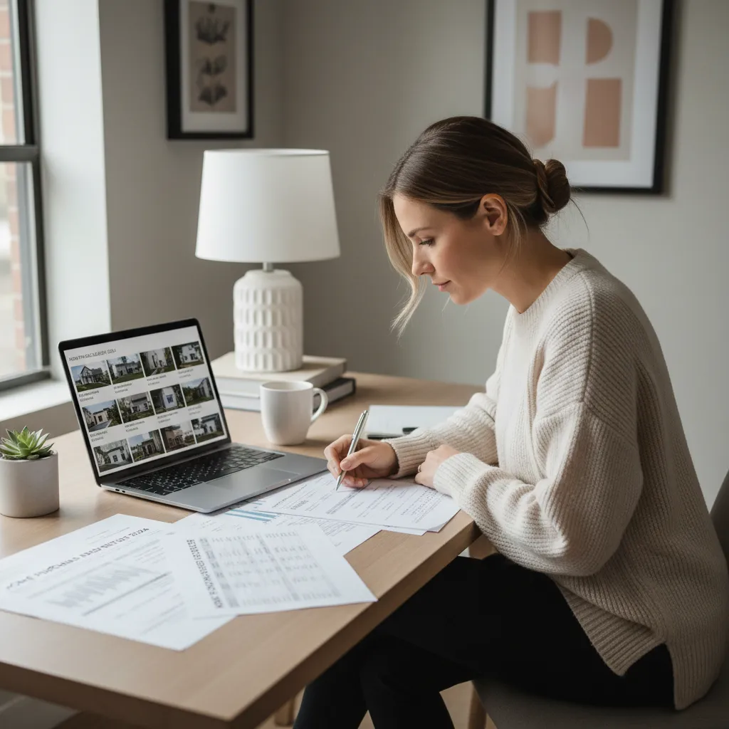 Homebuyer reviewing house purchase budget and cost breakdown documents
