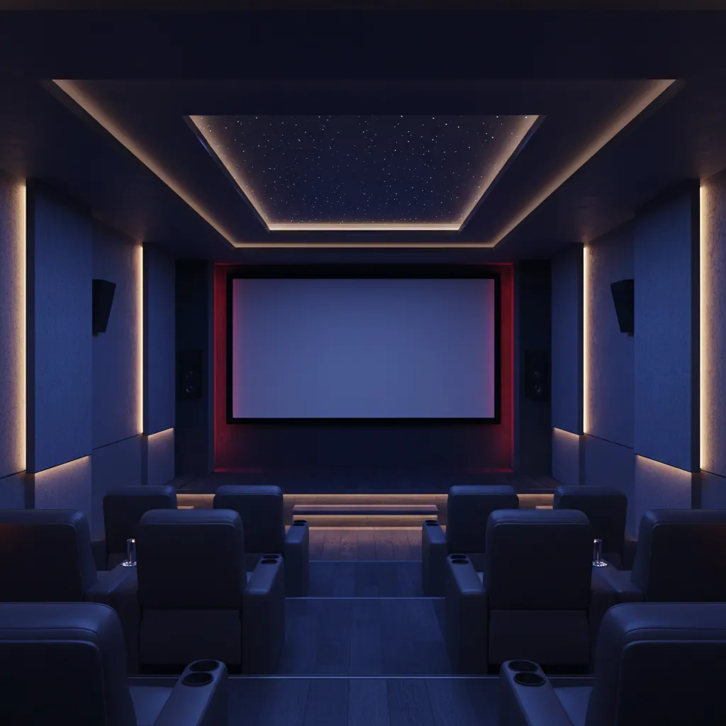 Iluminación LED indirecta en una sala de cine en casa moderna
