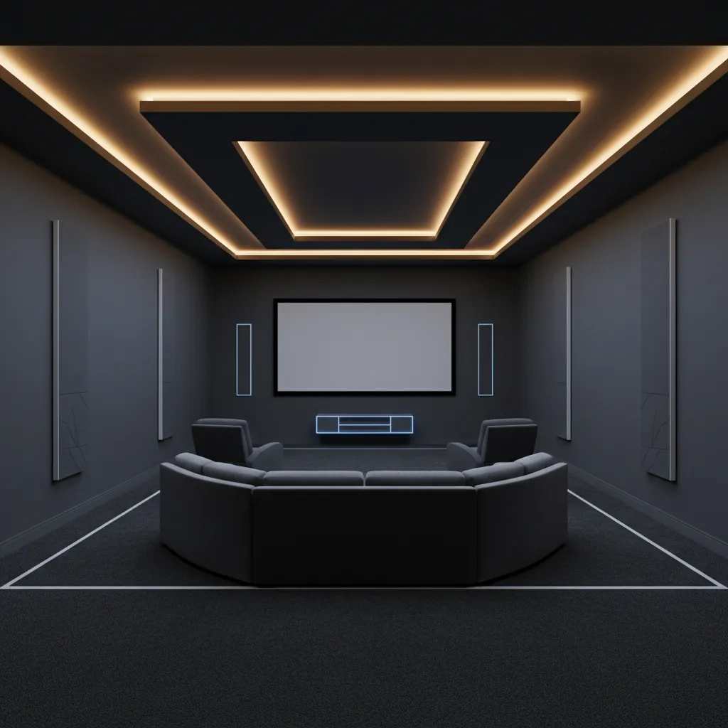 Habitación rectangular preparada para convertirse en una sala de cine en casa