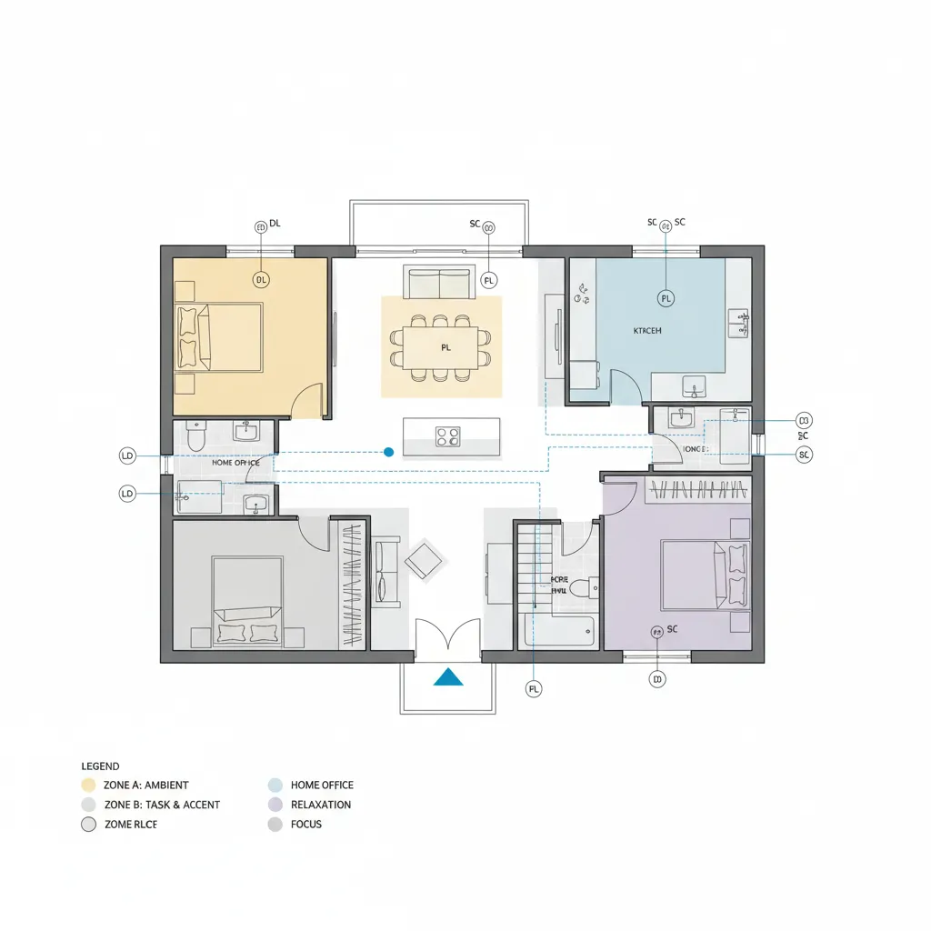 Simple home lighting circuit layout diagram and room plan