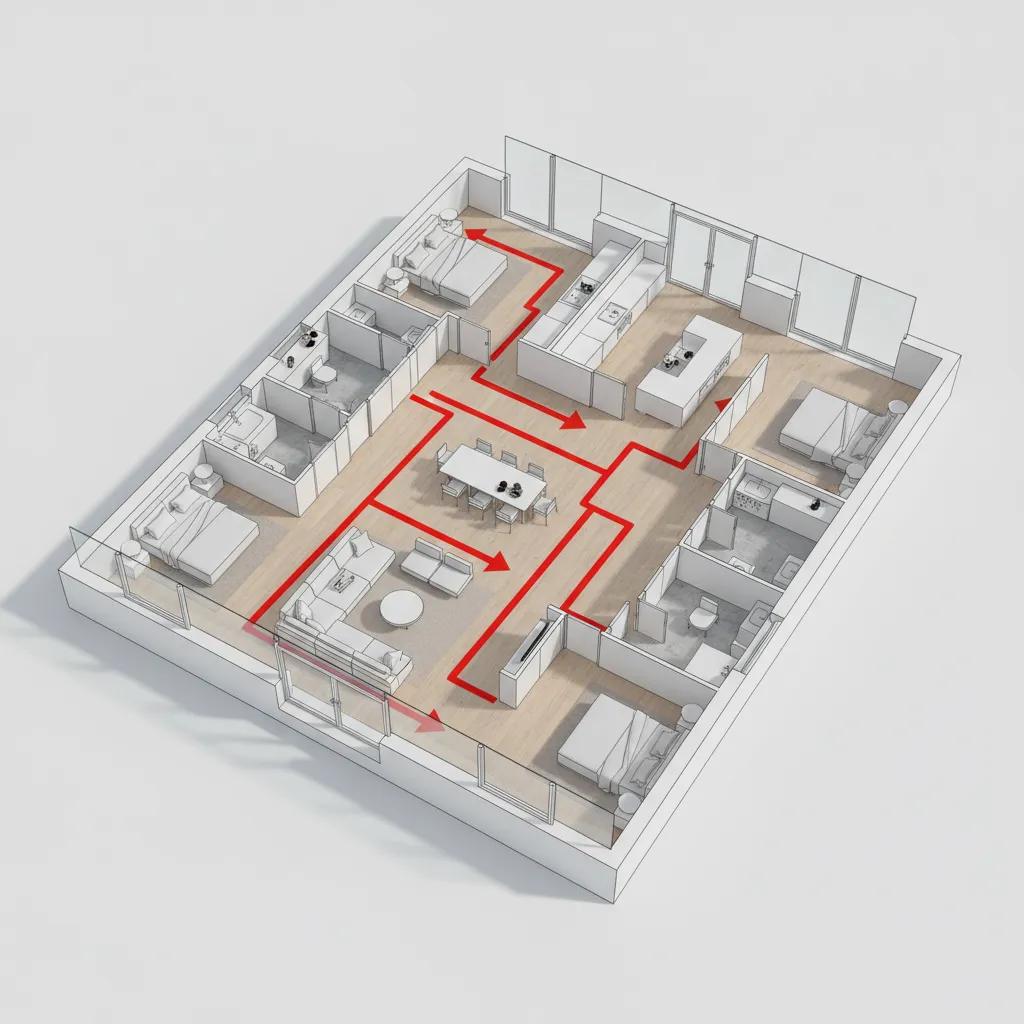 diagram style 3D house floor plan showing inefficient circulation paths
