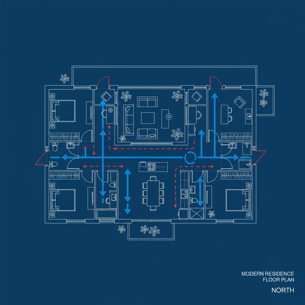 Plano arquitectónico destacando rutas de circulación dentro de la casa