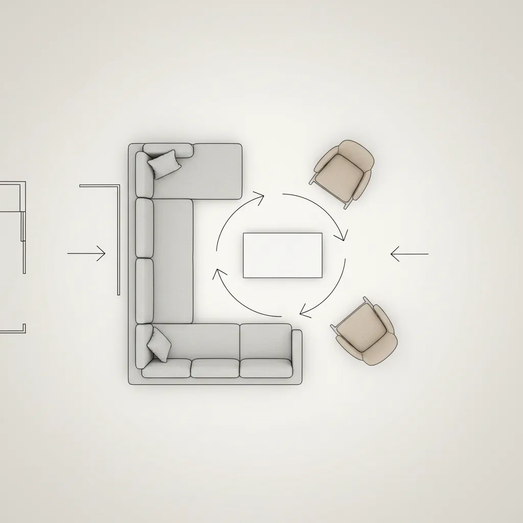 Floor plan diagram showing walking circulation paths in a living room layout