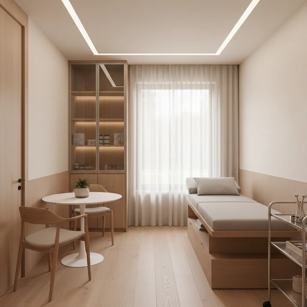 Minimalist home clinic room with wooden furniture, grey bed, round table, chairs, and glass cabinet