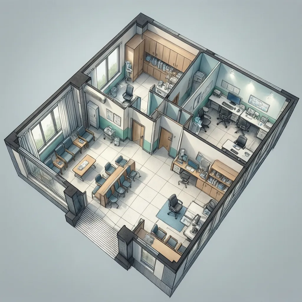 3D interior design drawing of medical clinic layout with waiting area chairs and office desks