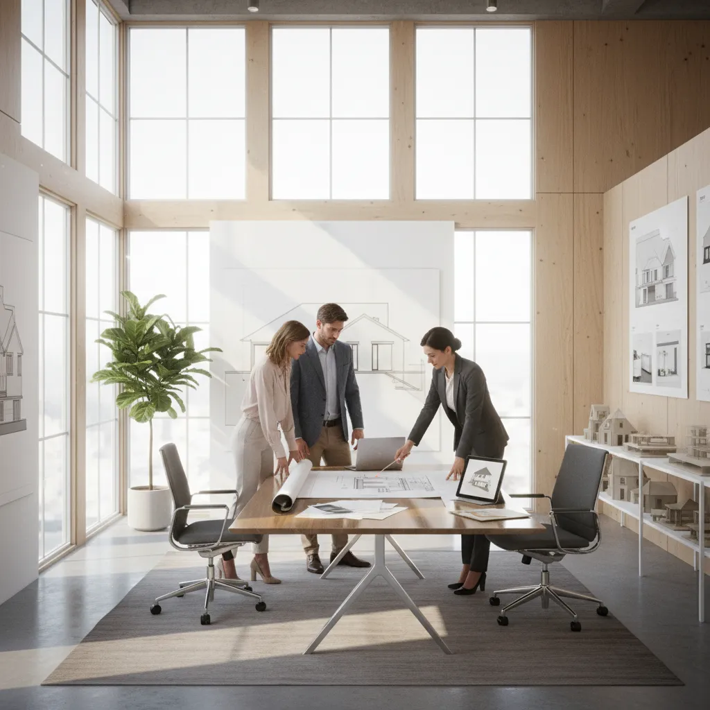 homeowners and architect reviewing construction cost documents and plans