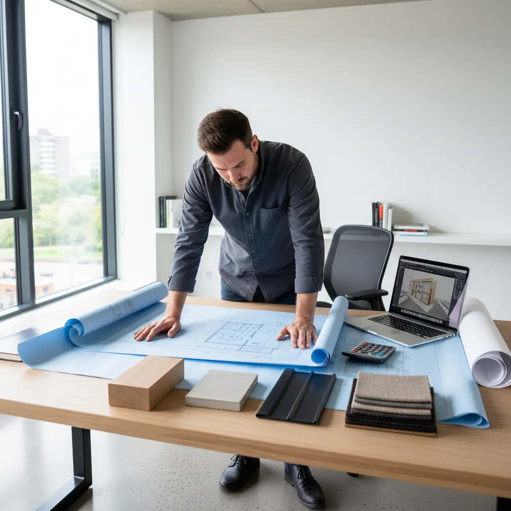 architect reviewing residential construction plans and cost estimates on table