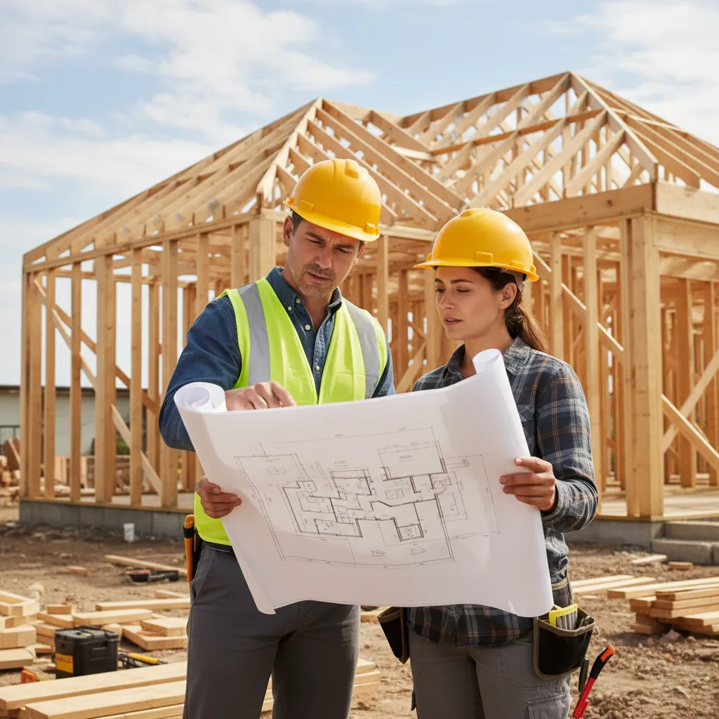 Homeowner discussing construction plans and change orders with contractor at building site