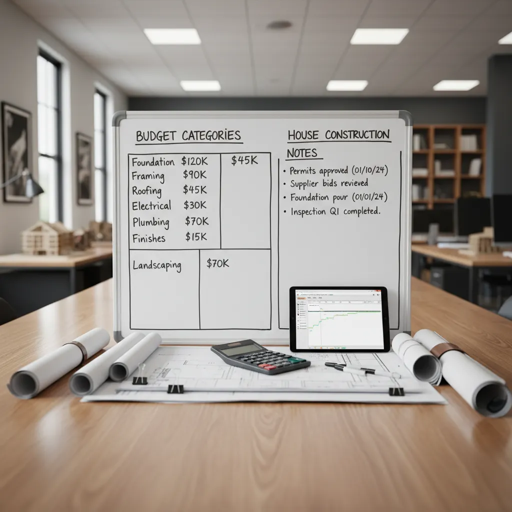 construction planning board showing budget categories for building a house