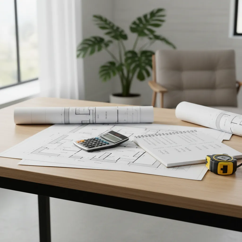 architect desk with house floor plans calculator and construction budget notes