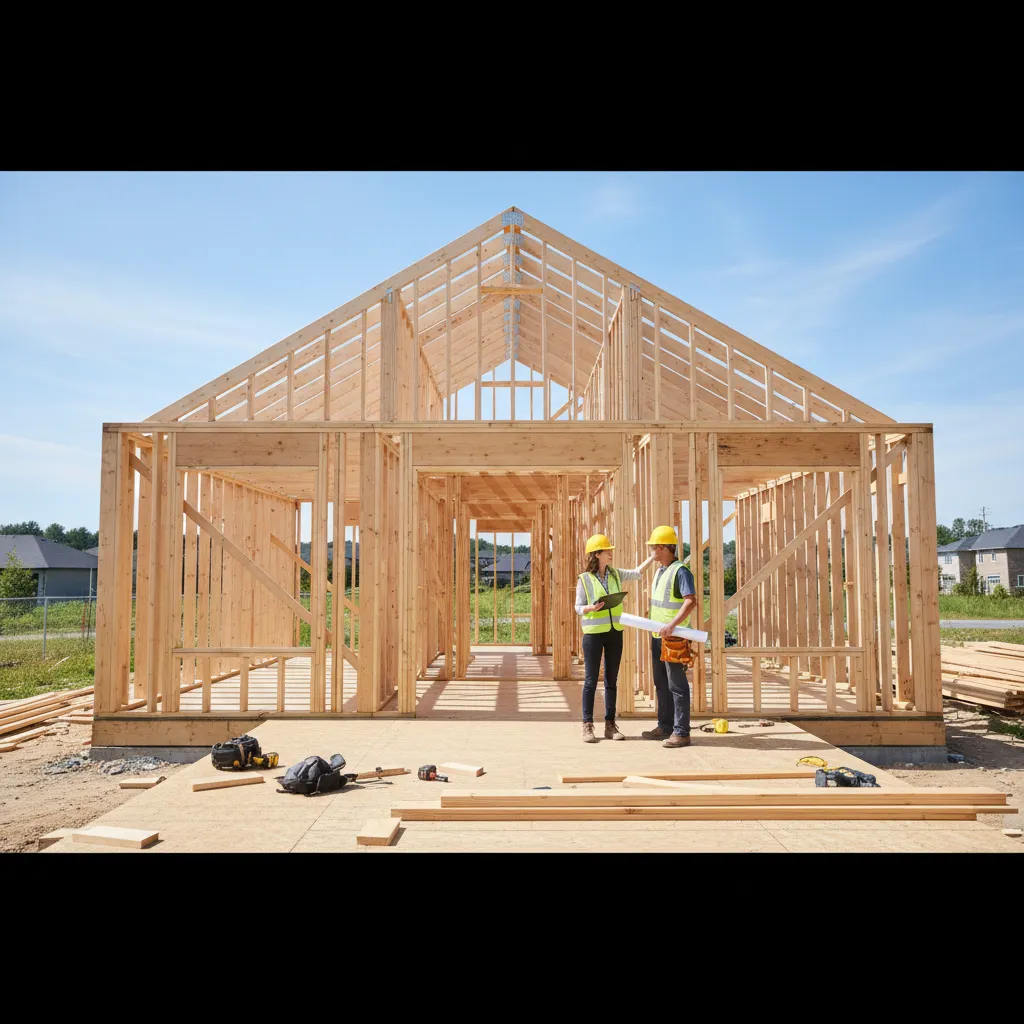 Residential house framing stage during construction inspection
