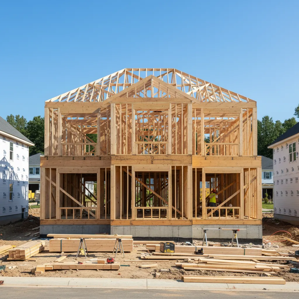 wood framing structure of residential house under construction