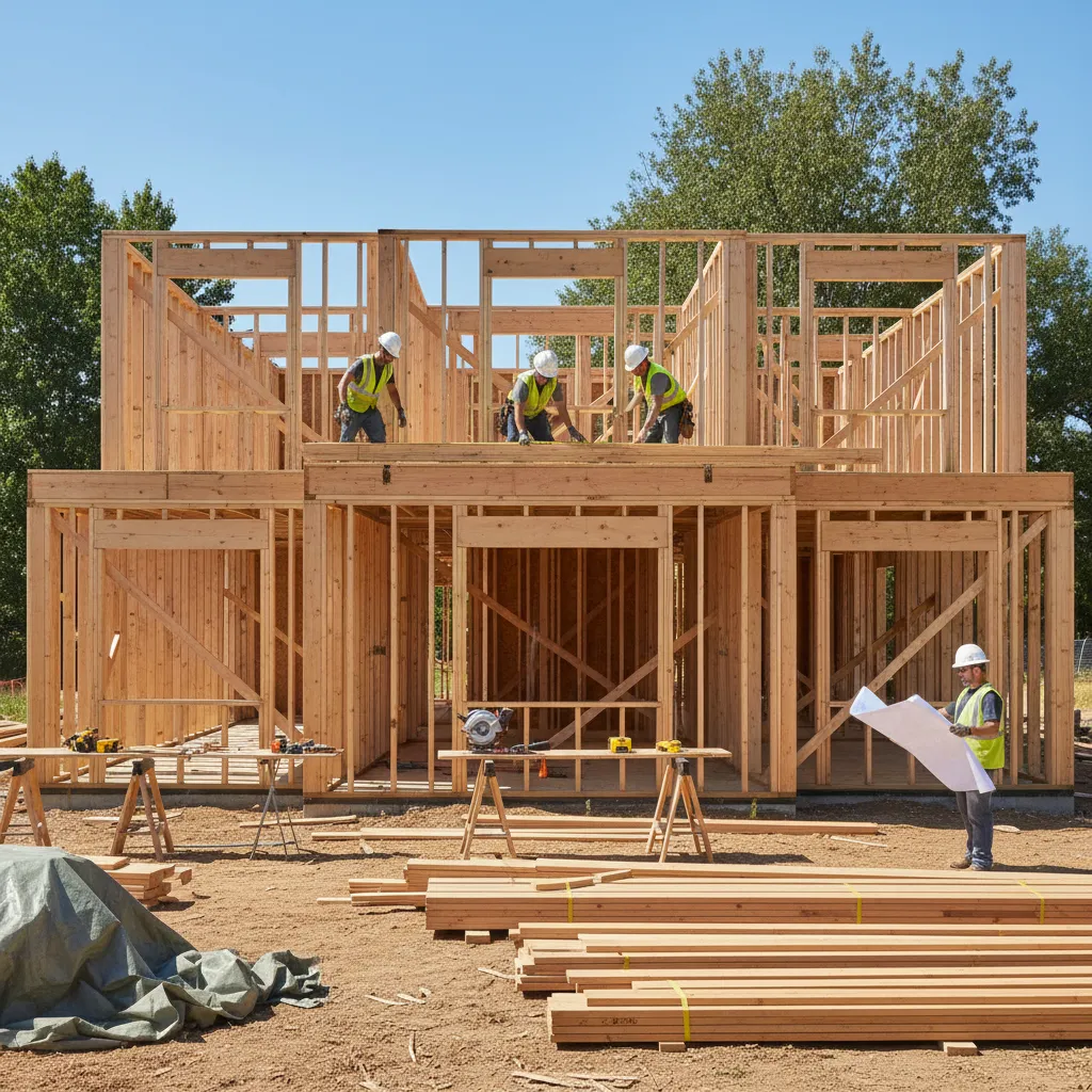 residential house framing stage during construction with workers and materials