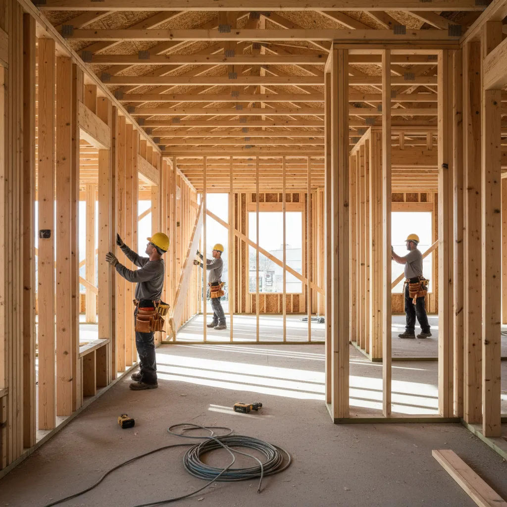 construction workers framing walls inside residential house structure