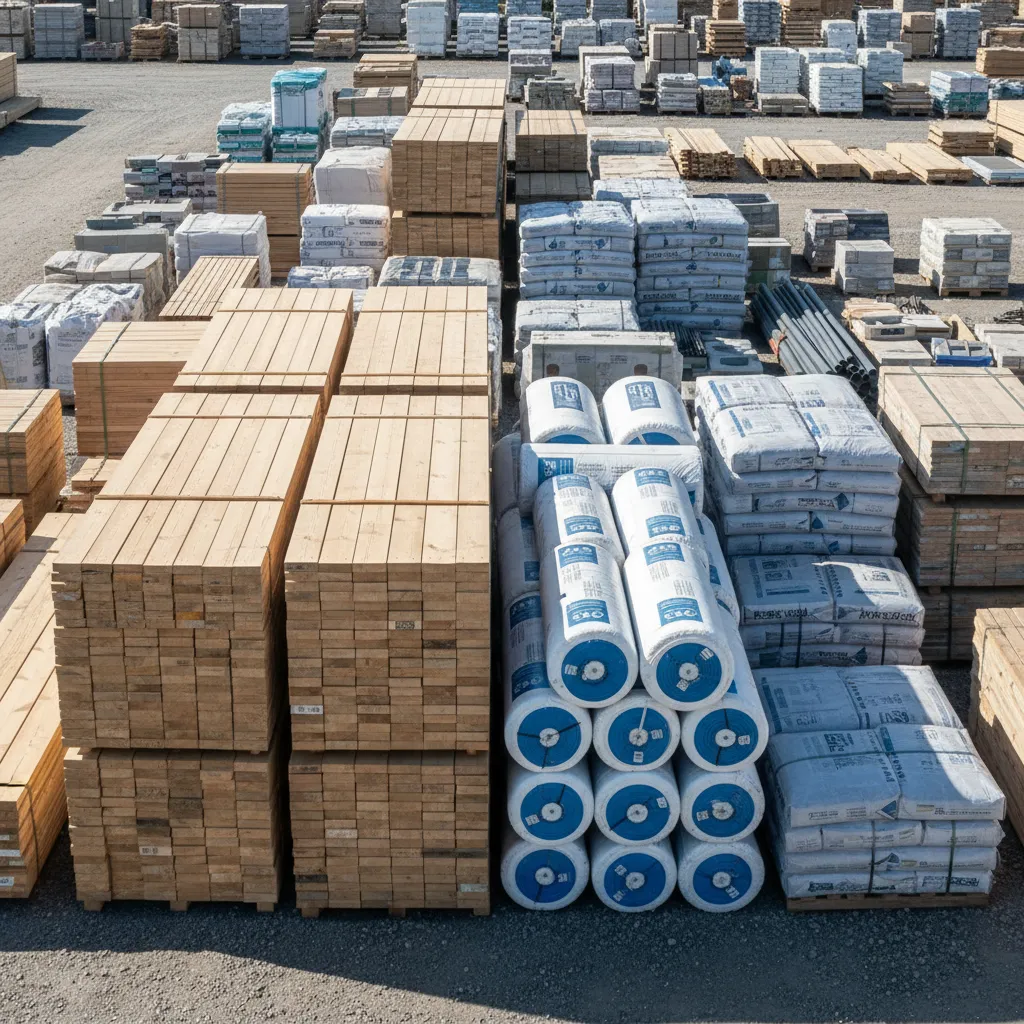 Stacks of lumber insulation and concrete materials at a residential construction site
