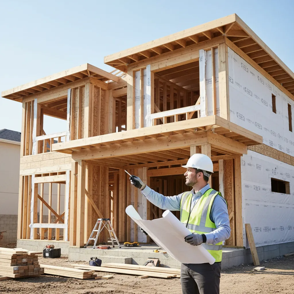 construction inspector reviewing safety and structural progress of a house build