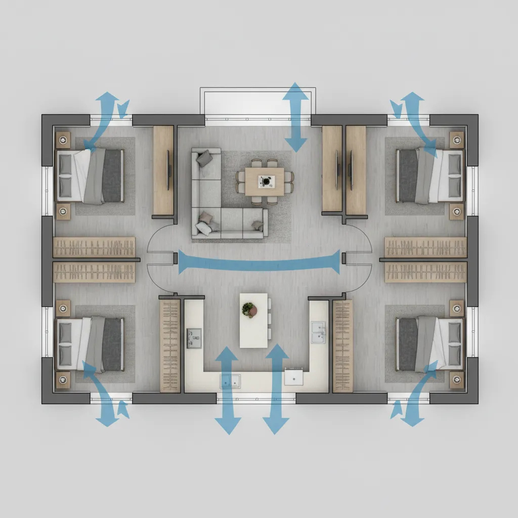 home floor plan showing airflow distribution for air conditioning